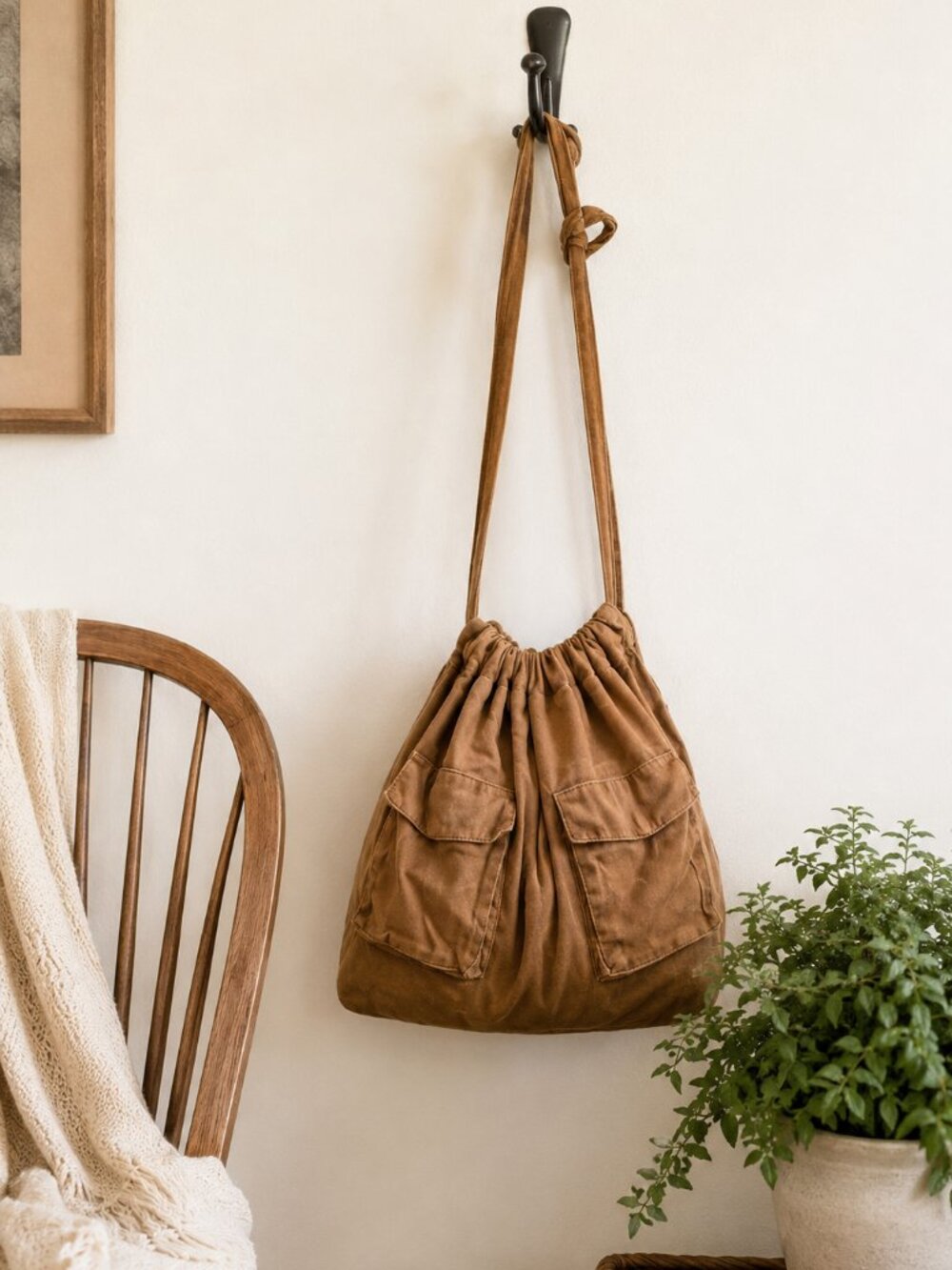 ZARA Brown Canvas Cotton Hobo Tote Bag Large Adjustable Strap Boho Travel Purse‎